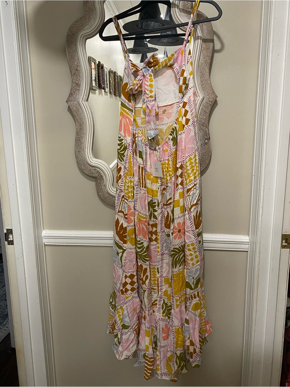 Flowy Pink & Yellow Printed Maxi Dress with Tie-Front
